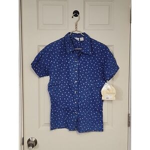 Vtg Cherokee Shirt Blue Floral Collared Button Up Made USA‎ Women's Small ~ NWT